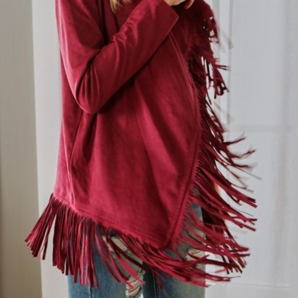 DG2 by Diane Gilman Fringe Waterfall Maroon Jacket - Picture 2 of 8